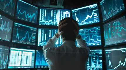 Fototapeta premium Stock trader bear market downturn crash decline volatility, investment finance business economy financial crisis recession collapse, multiple large screens anxious, stress frustration despair panic