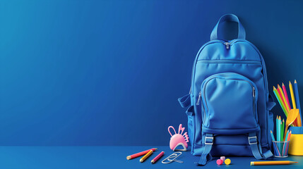 Back to school background with backpack and office supplies. School set, student accessories. Copy space. Clean color background.