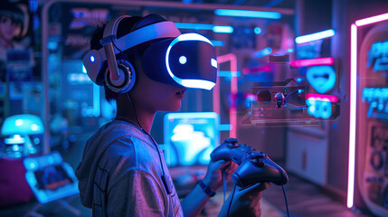 Immersive Virtual Reality Gaming: Futuristic High-Tech Experience with VR Headset and Controllers.