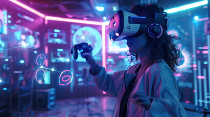 Immersive Virtual Reality Gaming: Futuristic High-Tech Experience with VR Headset and Controllers.