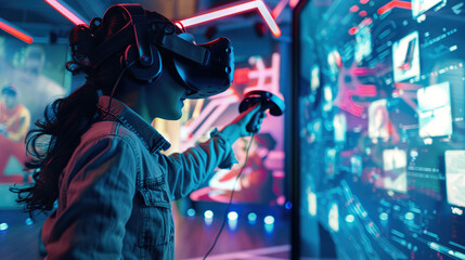 Immersive Virtual Reality Gaming: Futuristic High-Tech Experience with VR Headset and Controllers.