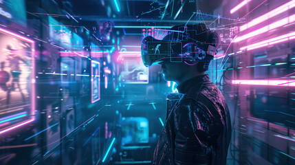 Immersive Virtual Reality Gaming: Futuristic High-Tech Experience with VR Headset and Controllers.
