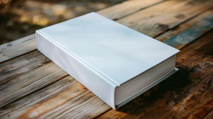 Modern stylish mockup of a hardcover book with a clean cover, placed on a wooden table