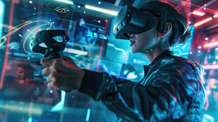 Immersive Virtual Reality Gaming: Futuristic High-Tech Experience with VR Headset and Controllers.