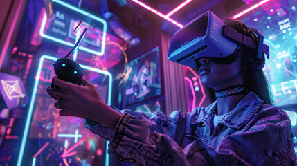 Immersive Virtual Reality Gaming: Futuristic High-Tech Experience with VR Headset and Controllers.