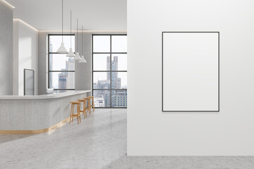 White cafe interior with bar island and fridge, window and mockup frame