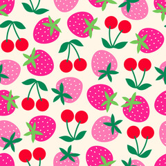 Cute hand drawn strawberry and cherry seamless pattern background.