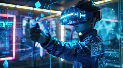Immersive Virtual Reality Gaming: Futuristic High-Tech Experience with VR Headset and Controllers.