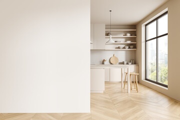 Beige home kitchen interior with bar island, cabinet and window. Mockup wall