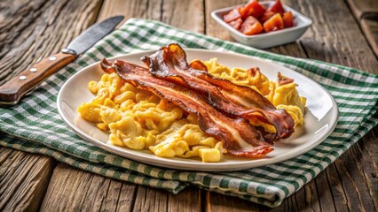Golden-brown crispy bacon strips and scrambled eggs adorn a white ceramic plate on a rustic wooden table setting.