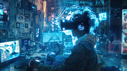 Immersive Virtual Reality Gaming: Futuristic High-Tech Experience with VR Headset and Controllers.