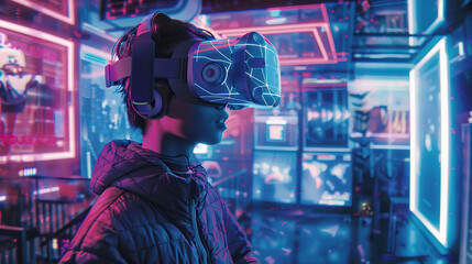 Immersive Virtual Reality Gaming: Futuristic High-Tech Experience with VR Headset and Controllers.