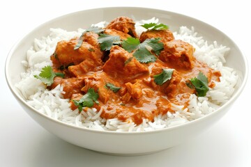 Flavorful Chicken Tikka Masala with Rice in a Bowl on White Background with Clear Lighting