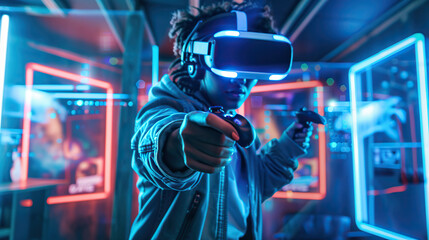 Immersive Virtual Reality Gaming: Futuristic High-Tech Experience with VR Headset and Controllers.