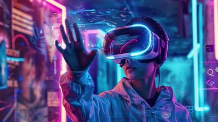 Immersive Virtual Reality Gaming: Futuristic High-Tech Experience with VR Headset and Controllers.