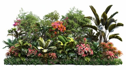 Lush Tropical Jungle Foliage with Flowers Isolated on White Background