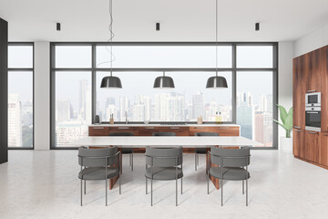 Modern kitchen interior with wooden cabinets and panoramic windows, minimalistic design, cityscape background, concept of contemporary living.  3D Rendering