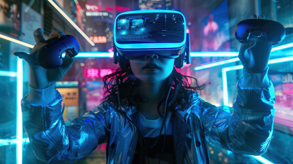 Immersive Virtual Reality Gaming: Futuristic High-Tech Experience with VR Headset and Controllers.