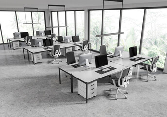 Top view of office workplace interior with pc computers and chairs in row