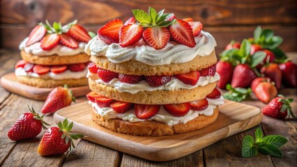 Freshly sliced sweet strawberries atop a crumbly buttery biscuit cake on a rustic wooden plate with whipped cream dollops.