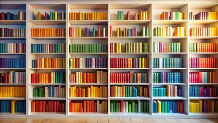Vibrant multicolored book spines align neatly on crisp white shelves, radiating warmth and inviting discovery in a serene library atmosphere.