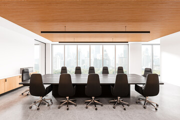 Minimalist office interior with table and chairs, drawer and panoramic window