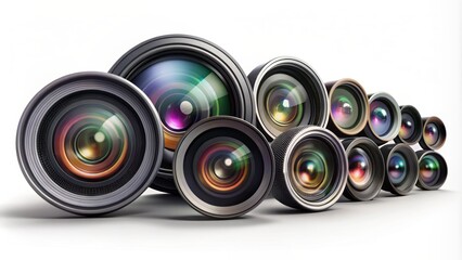 Assorted camera lens silhouettes with varied focal lengths and apertures scattered against a clean white background in a clutter-free arrangement.