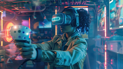Immersive Virtual Reality Gaming: Futuristic High-Tech Experience with VR Headset and Controllers.