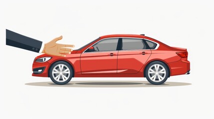Fototapeta premium Hand Offering Red Sedan Car - Side View, Isolated Illustration
