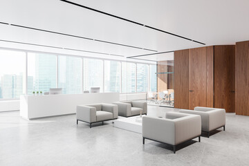 White office interior lobby and reception desk, coworking and meeting room