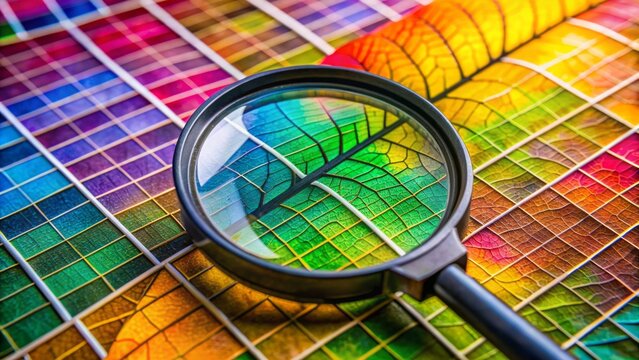 A lone magnifying glass rests on a vibrant green leaf amidst a colorful test print, scrutinizing printing press color calibration perfection.