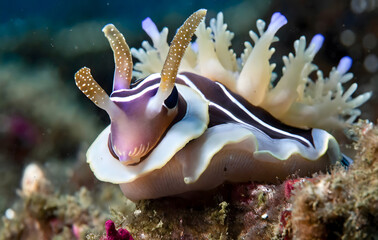 Chromodoris nudibranch shot from front look, Komodo-Indonesia. Generative AI.