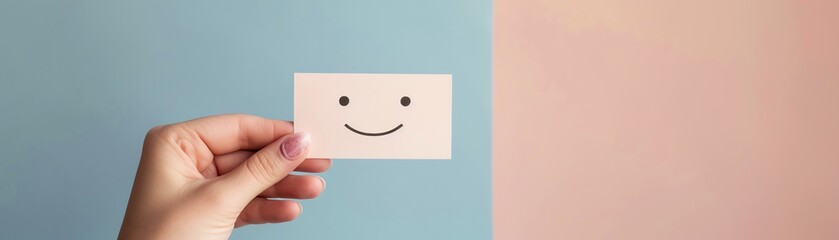 Obraz premium A hand holding a small card with a smiley face in front of a split color background featuring blue and peach tones, symbolizing positivity.