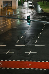 Green traffic light at rainy night