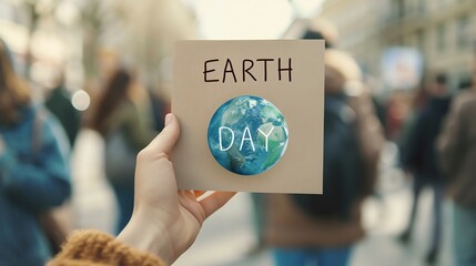 Hand holding Earth Day card with crowd in background, emphasizing environmental awareness and global conservation efforts.