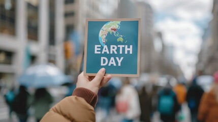 Hand holding Earth Day sign during street protest with blurred crowd background, advocating for environmental awareness.