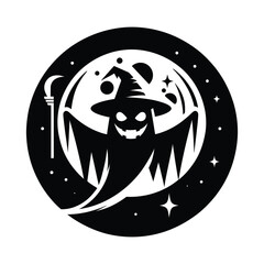 Halloween ghost illustration with bats and cemetery black silhouette