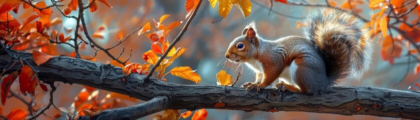 Obraz premium A detailed shot of a squirrel perched on a tree branch, surrounded by vibrant autumn foliage, high detail