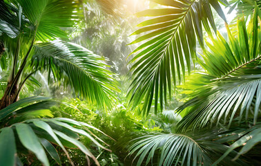 Fototapeta premium close-up of lush green tropical vegetation jungle with palm leaves in sunshine, beauty. Generative AI.