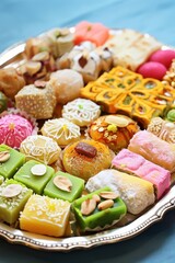 Obraz premium Vibrant Display of Indian Sweets (Mithai) on Platter with Pastel Background under Clear Light