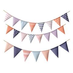 String of colorful bunting flags in blue orange pink and white with various patterns arranged in three rows transparent background clipart