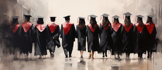 Obraz premium A silhouette of graduates in caps and gowns standing together at a commencement ceremony.