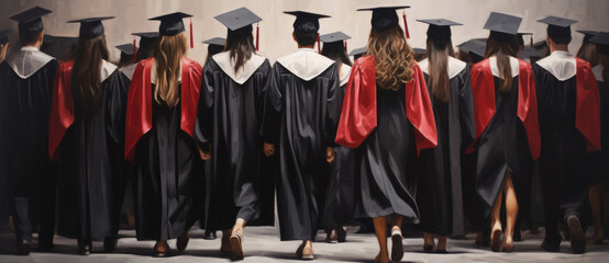 A silhouette of graduates in caps and gowns standing together at a commencement ceremony.