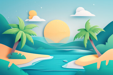 Obraz premium Peaceful Island Landscape in Paper Cut Art Style, landscape background, Illustration background, Minimalist Flat Design, Generative AI