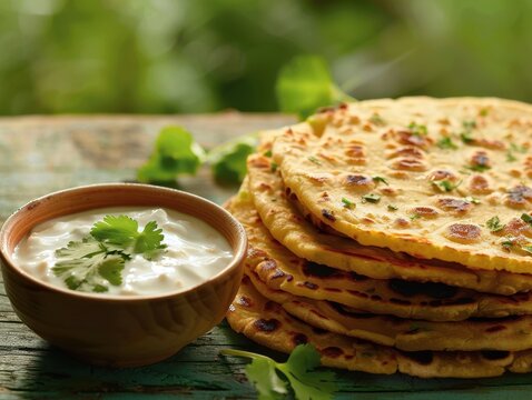 Traditional Indian Aloo Parathas with Yogurt on Green Background Under Clear Light - Delicious Homemade Cuisine Concept