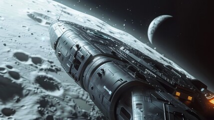 Futuristic spaceship exploring a distant moon's surface under the stars, with a crescent planet in the distant background.
