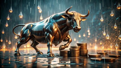 Obraz premium A majestic bull statue stands defiantly on a wet, reflective floor surrounded by scattered cryptocurrency coins and blockchain symbols.