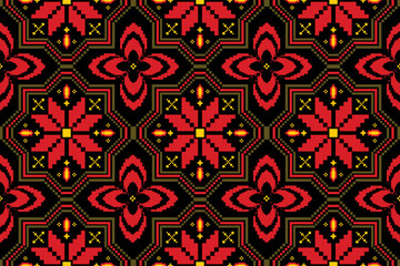 Pixel art flower on white and black background wallpaper oriental seamless pattern.ornament. Ethnic .decor style. geometric ornament. Vector seamless pattern. blanket, rug. Woven carpet fabric