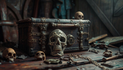 Fototapeta premium Old wooden chest with skull decorations, surrounded by various antique items, in a dark and mysterious room, evoking a sense of history and adventure