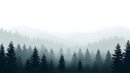 A foggy monochrome pine forest, illustrated in a flat style, tall trees shrouded in mist, varying
